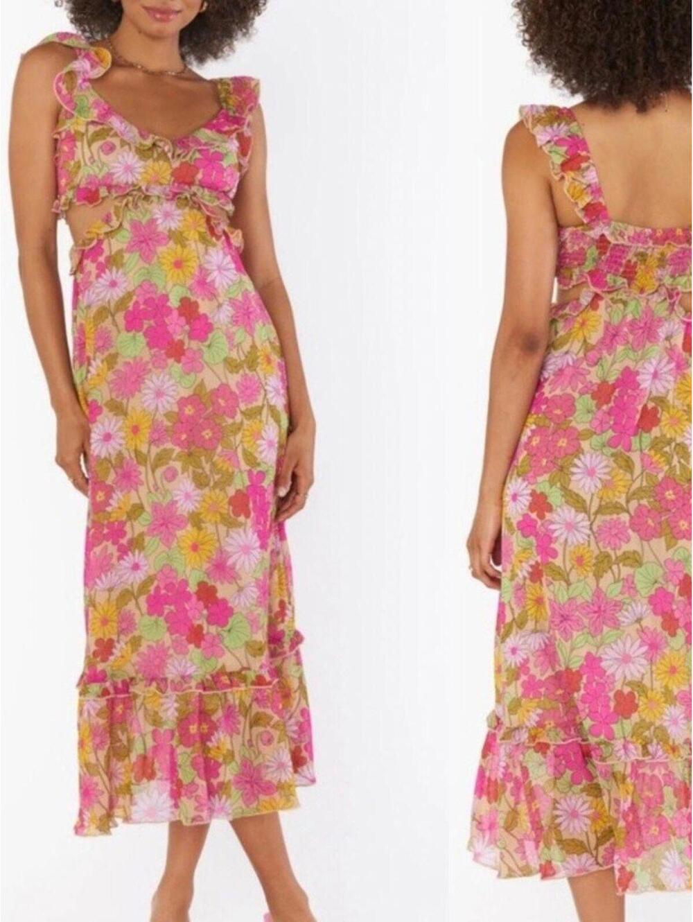 Show Me Your Mumu Pink Floral Maxi Dress Ruffle Cutout Small Boho Cottagecore